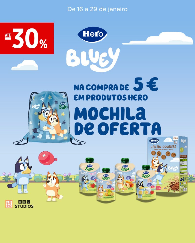Exclusivo Online, oferta Mochila Bluey na compra de 5€ em produtos Hero, assinalados, iguais ou combinados - 16 a 29 de janeiro