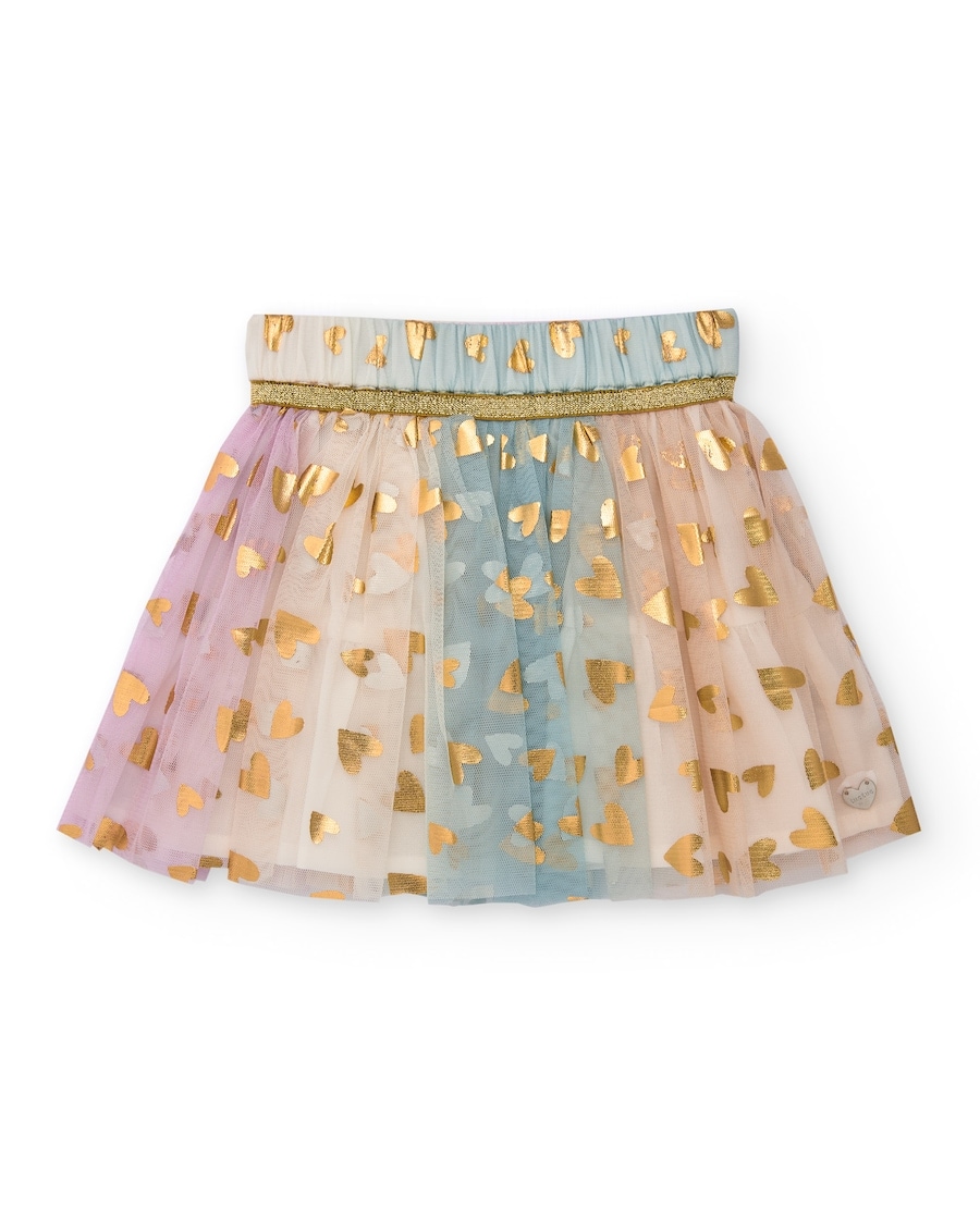 Imagem 0 de Saia Infantil de Tule em Rosa com Estampado de Corações Dourados