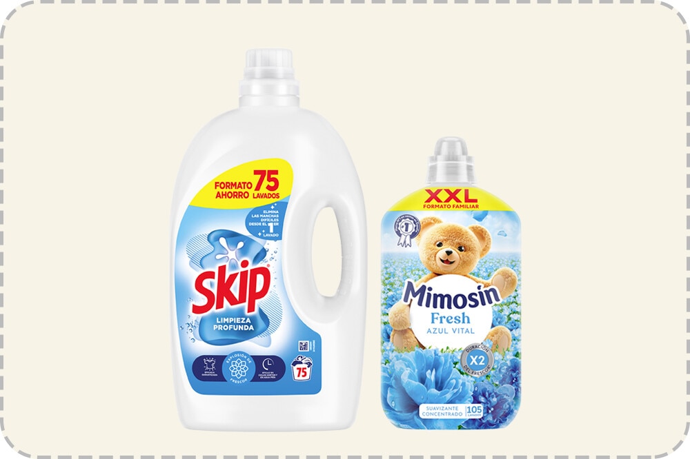 6€ de descuento por compra superior a 15€ en selección de detergentes y suavizantes. Introduce este código al finalizar tu pedido DTOSKIP. Exclusivo Online.