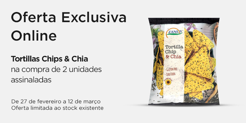 Exclusivo Online, oferta Zanuy Tortillas Chips &amp; Chia na compra de 2 unidades Zanuy, assinaladas - 27 de fevereiro a 12 de março