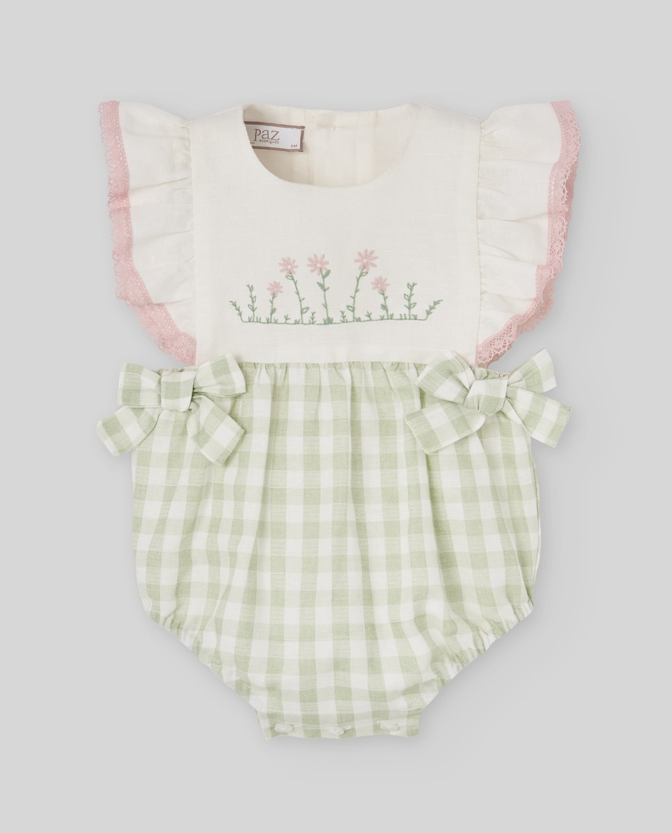 Imagem 0 de Macacão Curto para Bebé com Bordado de Flores e Quadrados Vichy Coleção Frescura