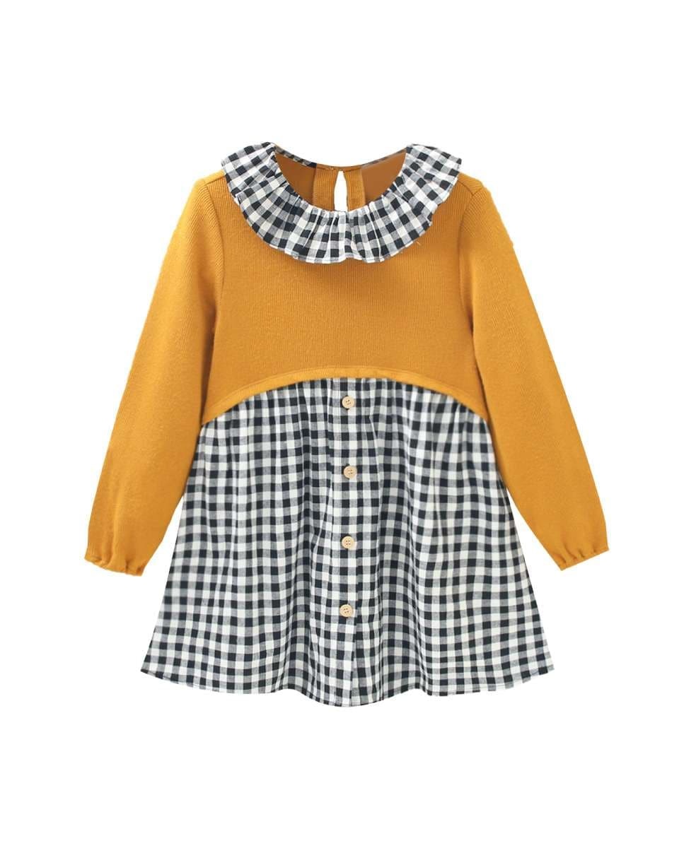 Imagem 0 de Vestido Infantil Combinado em Mostarda e Aos Quadrados Vichy