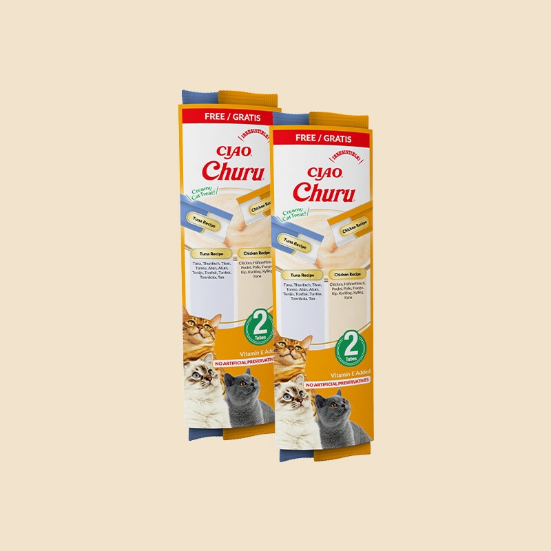 Exclusivo Online, oferta Churu 2 blisters Snack cremoso para Gato, atum e frango, na compra de  um artigo de Gato de até 5 abril