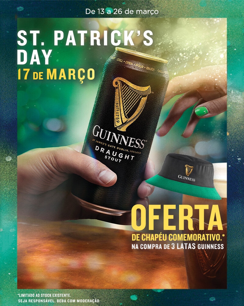 Exclusivo Online, oferta Guiness Chapéu comemorativo na compra de 3 unidades Guiness assinaladas, iguais ou combinadas - 13 de março a 5 de abril