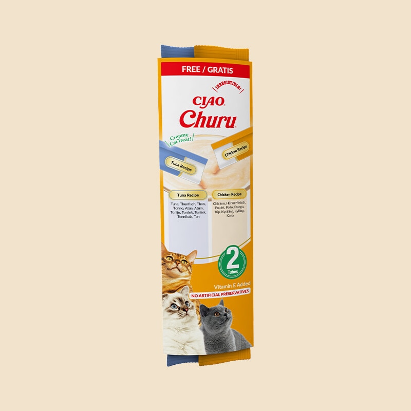 Exclusivo Online, oferta Churu 2 blisters Snack cremoso para Gato, atum e frango, na compra de  um artigo de Gato de até 5 abril