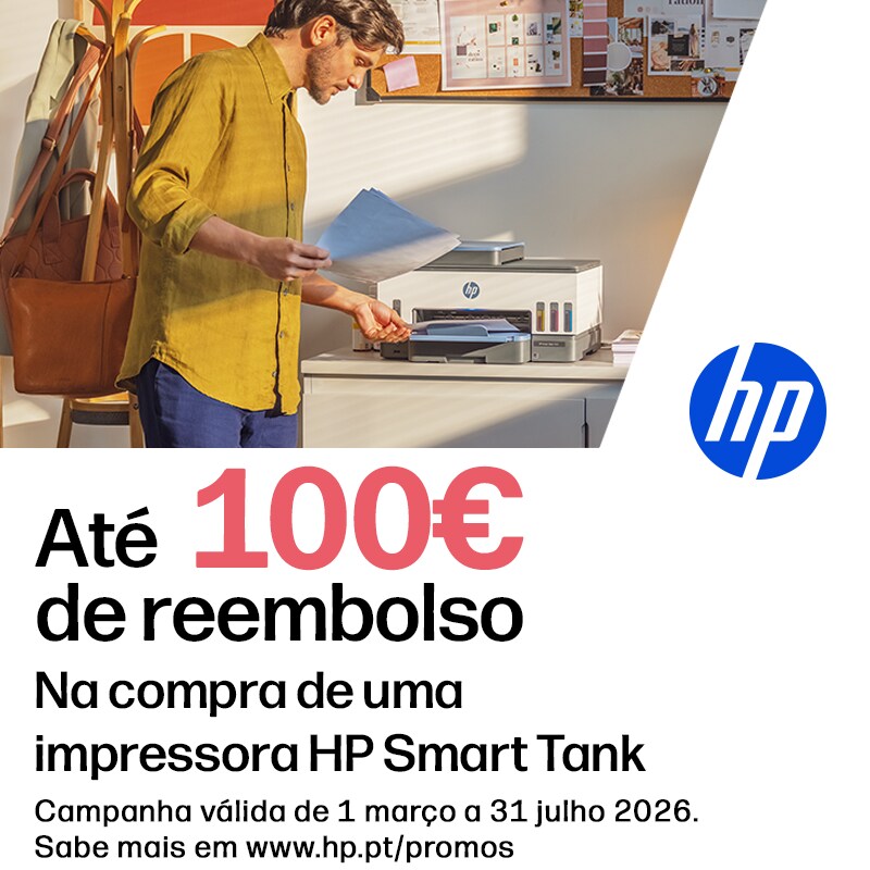 Até 100€ de Reembolso na compra de uma impressora HP Smart Tank, modelos elegíveis.