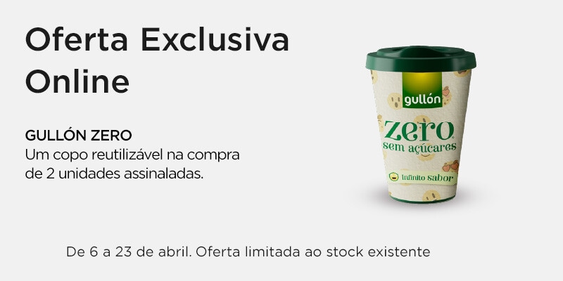 Exclusivo Online, oferta copo reutilizável Gullón Zero na compra de duas unidades assinaladas Gullón, iguais ou combinadas- 6 a 23 de abril