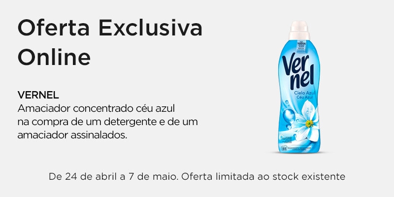 Exclusivo Online, oferta amaciador concentrado Vernel Céu Azul na compra de um detergente e de um amaciador assinalados - 24 de abirl a 7 de maio
