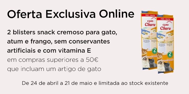 Exclusivo online, oferta 2 snacks para gato de atum e frango em compras superiores a 50€ que incluam um artigo de gato - 24 de abril a 21 de maio