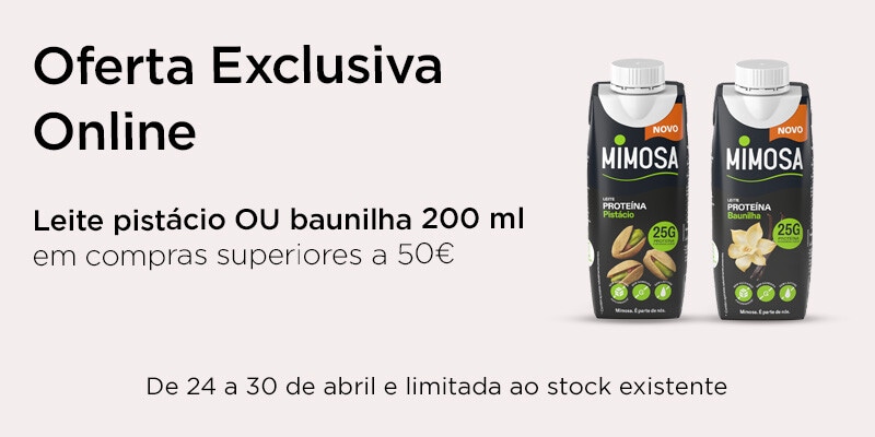 Exclusivo online, oferta Mimosa Proteína leite pistácio ou baunilha 200 ml compras superiores a 50€ - 24 a 30 de abril