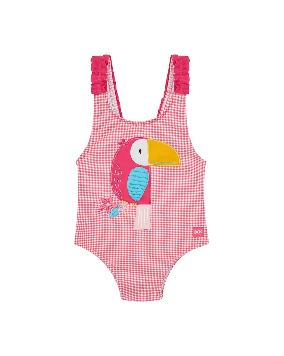Imagem 0 de Fato de Banho para Bebé de Alças com Folho e Estampado Vichy em Rosa