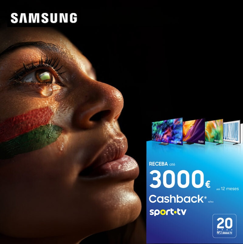 Na compra de uma TV Samsung, receba até 3000€ de cashback e/ou até 12 meses de SportTV.
