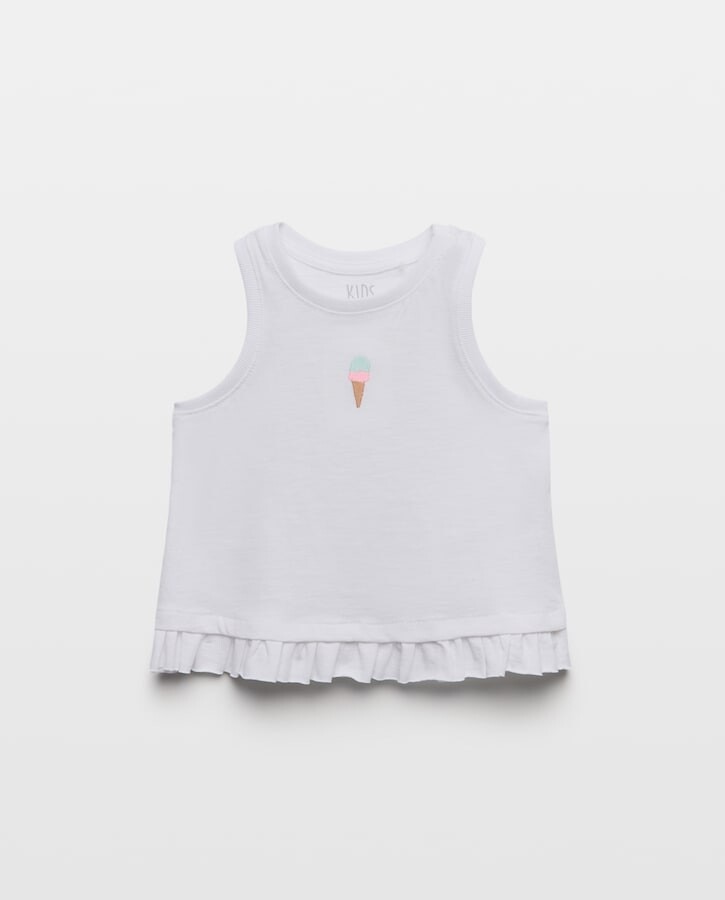 Imagem 0 de T-shirt de Alças com Folhos na Parte Inferior e Pequeno Bordado no Centro